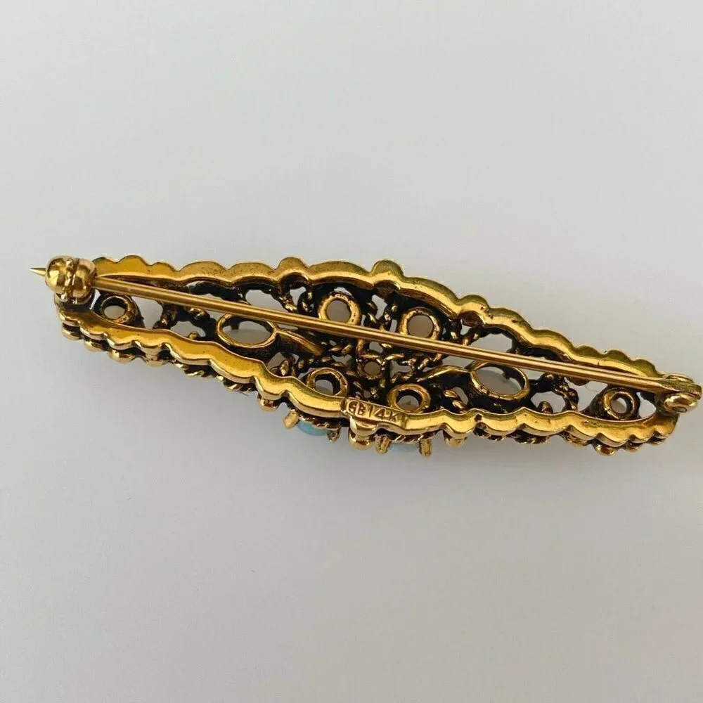 Vintage 14k Solid Yellow Gold Opal Bar Brooch Pin
